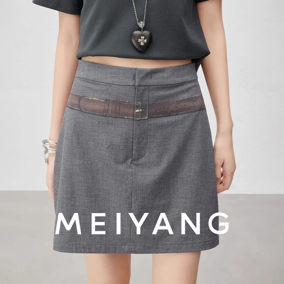 A美洋MEIYANG夏新品百搭腰带半裙格雷系女主初剪羊毛A字半身短裙