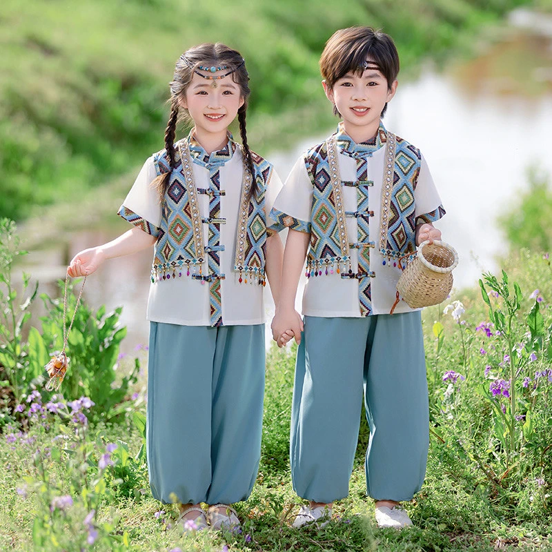 男童汉服夏季国风短袖套装儿童周岁礼服女童唐装夏款新中式演出服