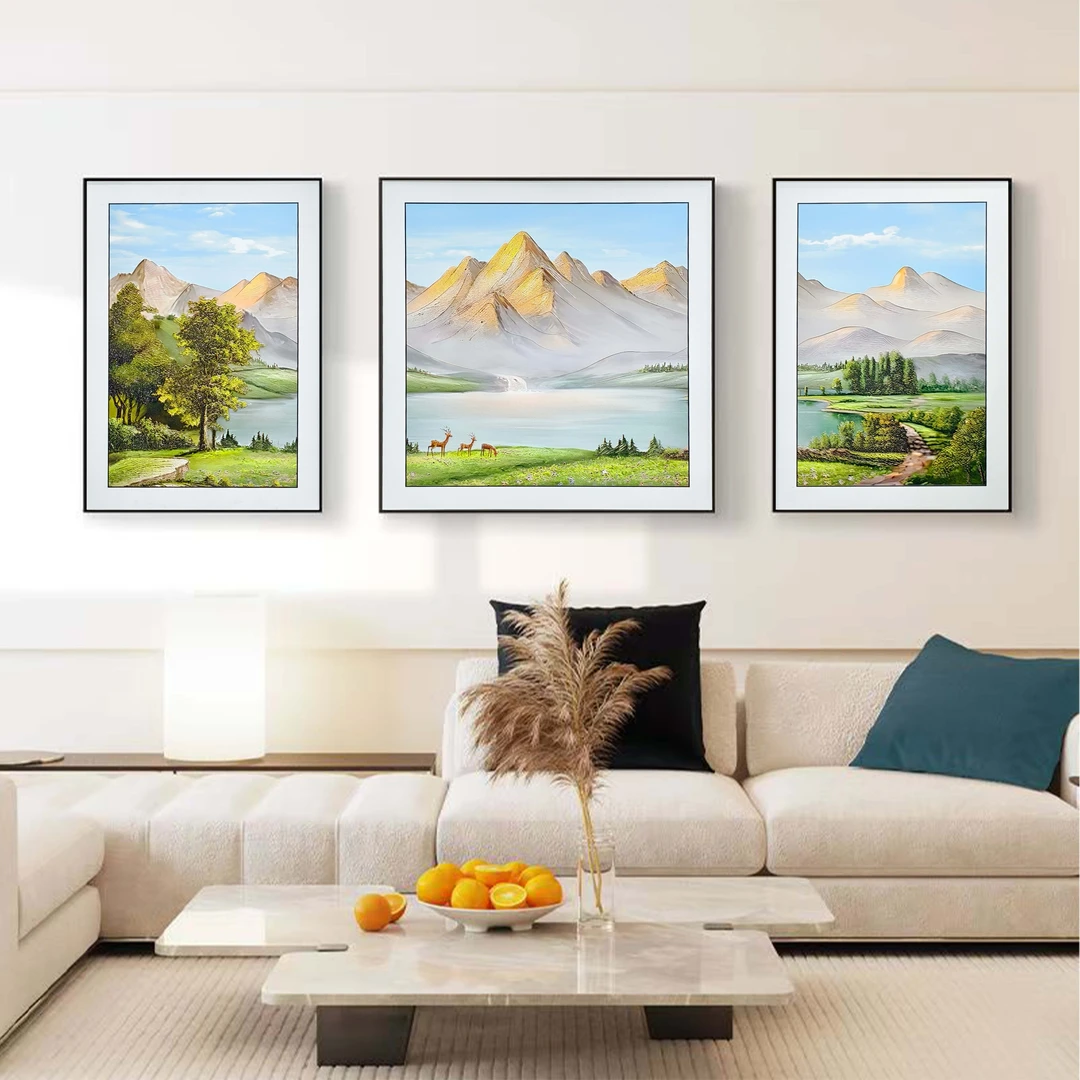 D20日照金山三联高端皮革微雕手工鎏金肌理客厅过道走廊挂画