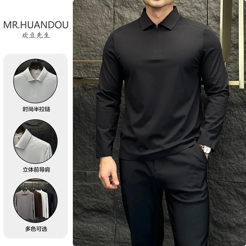 秋冬商务休闲半拉链翻领长袖polo衫男士保暖弹力磨毛修身百搭T恤