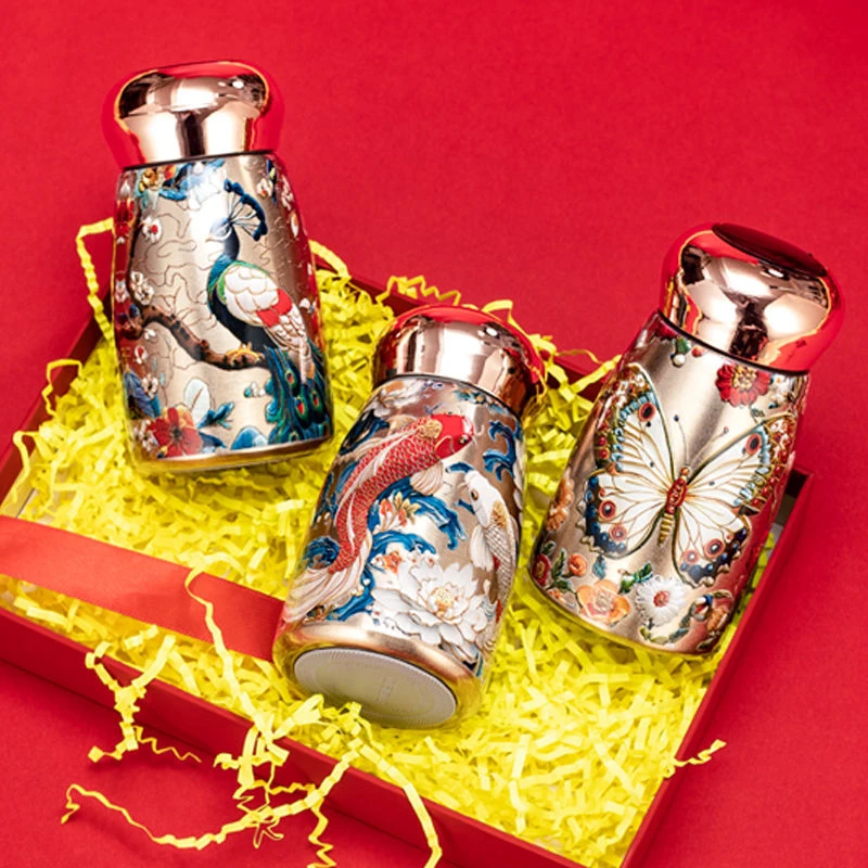 保温杯复古国风金孔雀水杯便携创意316内胆高颜丁复古孔雀保温杯