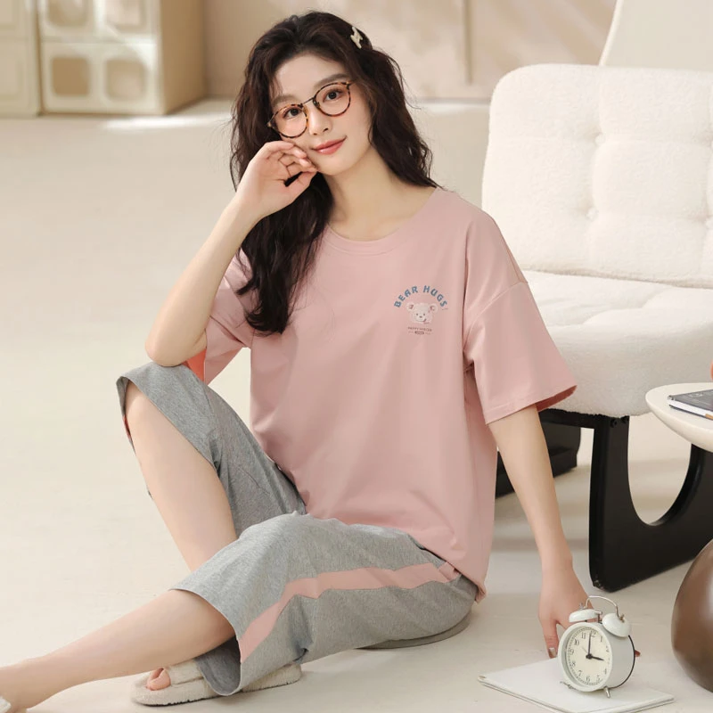 卡之恋夏季女款带胸垫短袖七分裤睡衣休闲大码时尚纯棉简约家居服