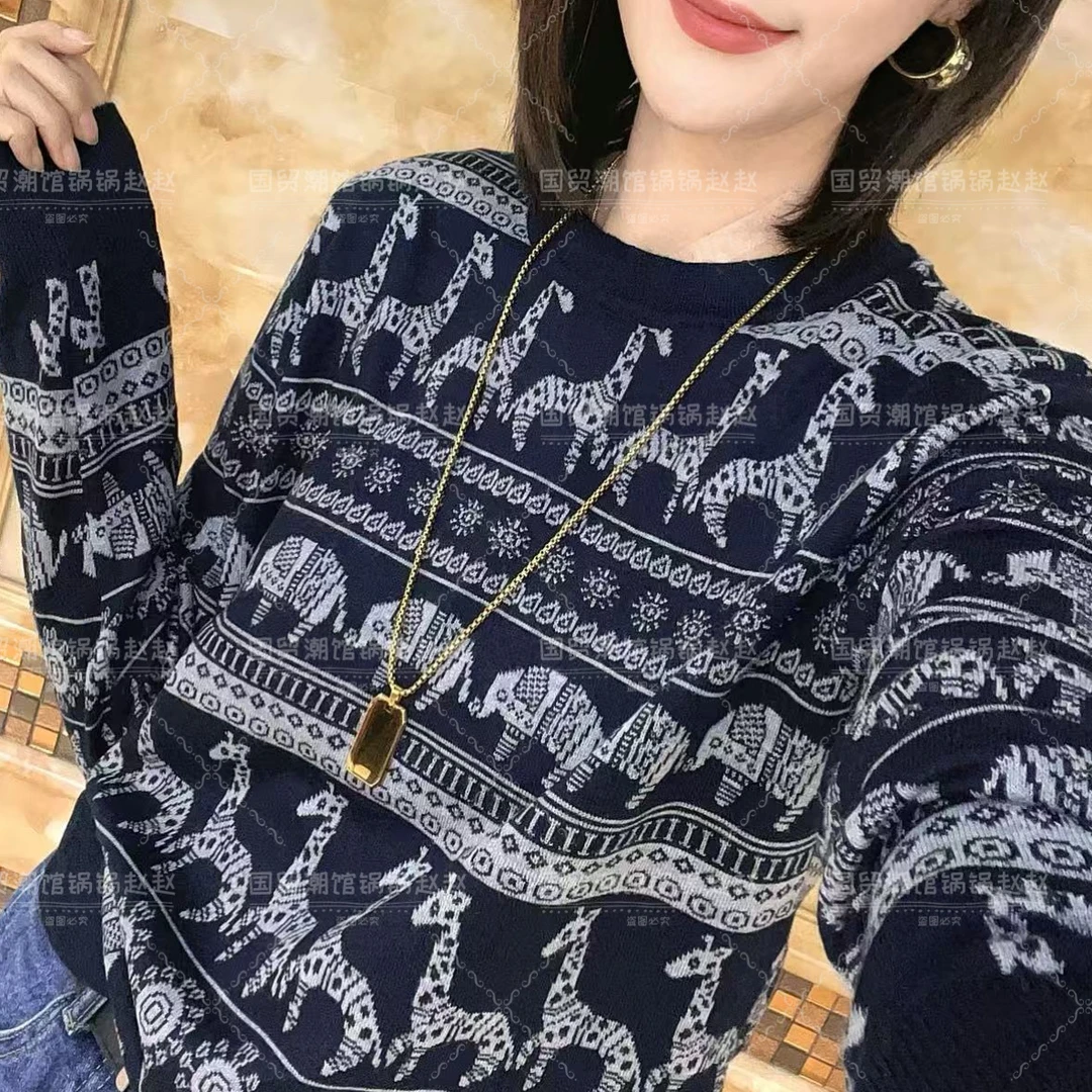 小象长颈鹿套头圆领洋气东南亚风女毛针织衫秋季印花针织毛衣