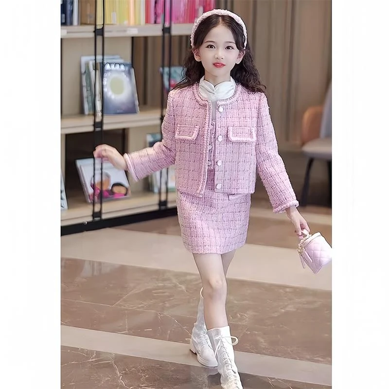 FAVMARTHA女童小香风套装春秋2025新款儿童外套短裙富家千金感裙