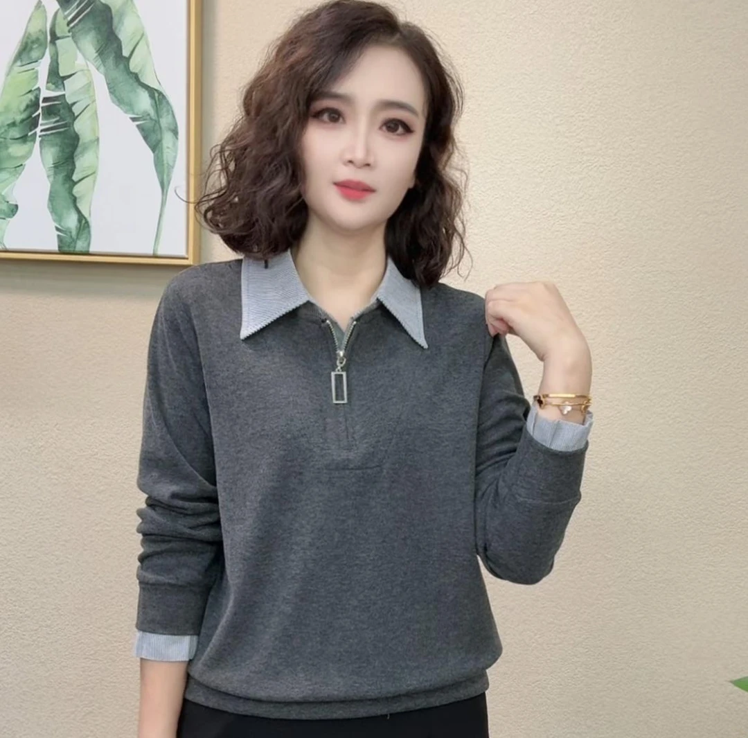 2025秋季新款休闲风长袖显瘦时尚拼接假两件翻领女士上衣#982034