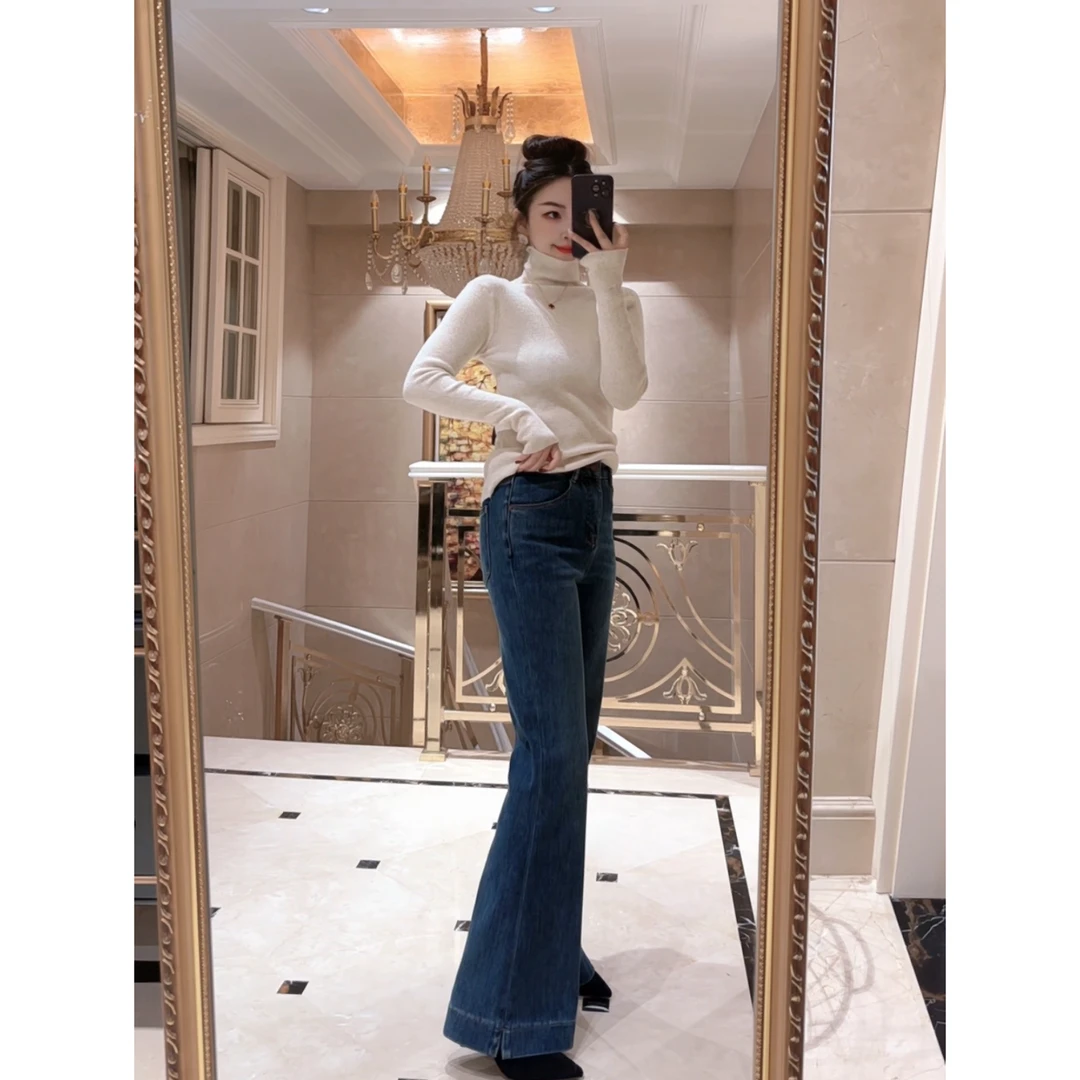 【竺姐】气质小女人高腰显瘦喇叭裤牛仔裤