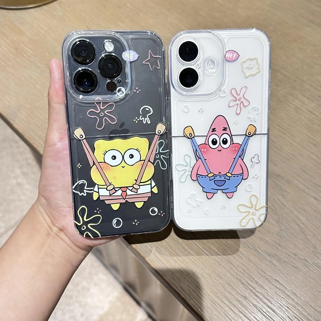 情侣海绵宝宝适用苹果17手机壳华为荣耀创意VIVO小米透明OPPO软壳