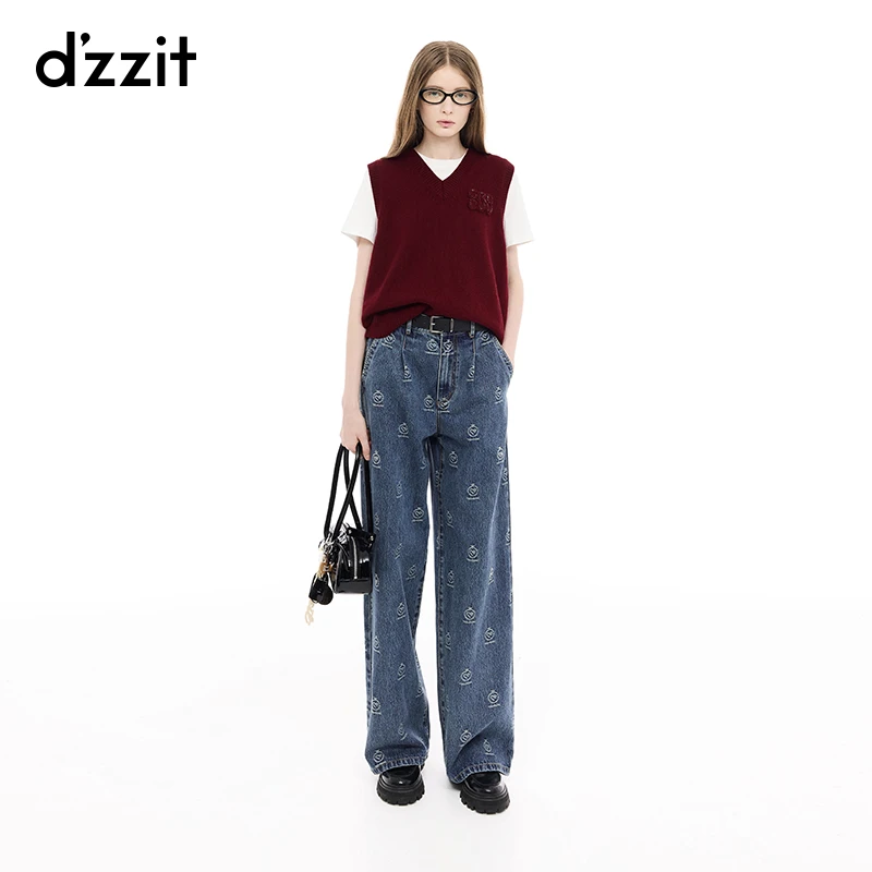 dzzit地素牛仔裤25春新款摩登设计石榴提花阔腿裤长裤女3J1R802