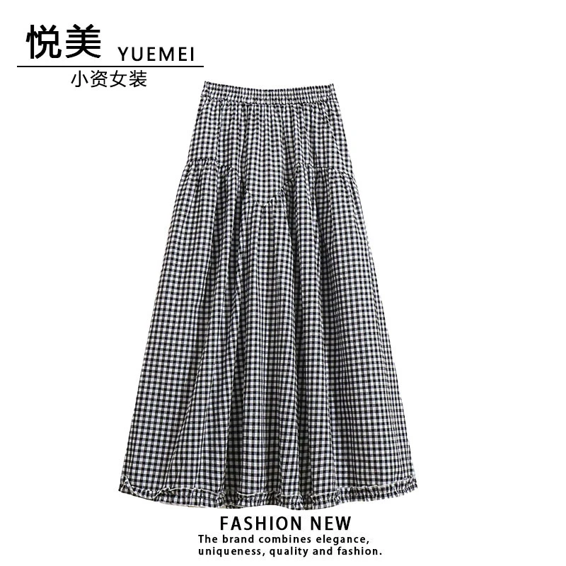 文艺复古格子显瘦大摆伞裙半身裙2025春季新款拼接格纹裙子长裙