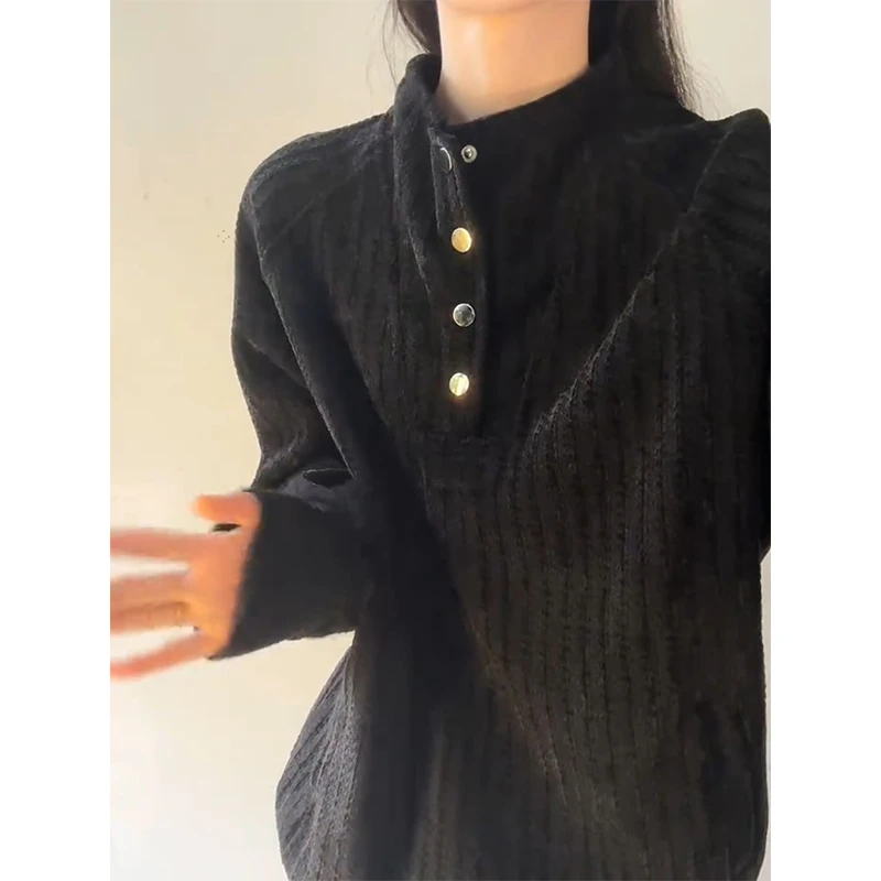 黑色鱼骨纹排扣卫衣男秋美式重磅亨利领长袖t恤小香风高级感内搭