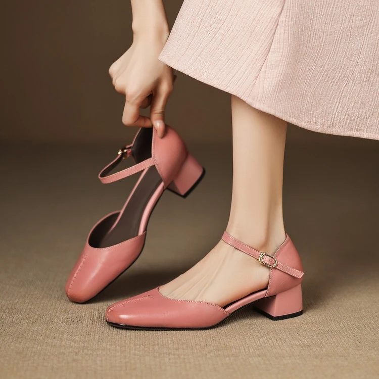 诗宝斐尔 粗跟4CM法式方头一字带中空单鞋女春夏真皮中跟包头凉鞋