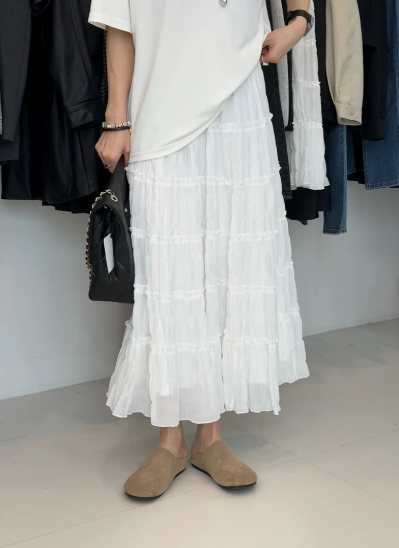 F.A[漫步]蕾丝韩系高腰慵懒风百搭显瘦拼接中长款褶皱气质裙子