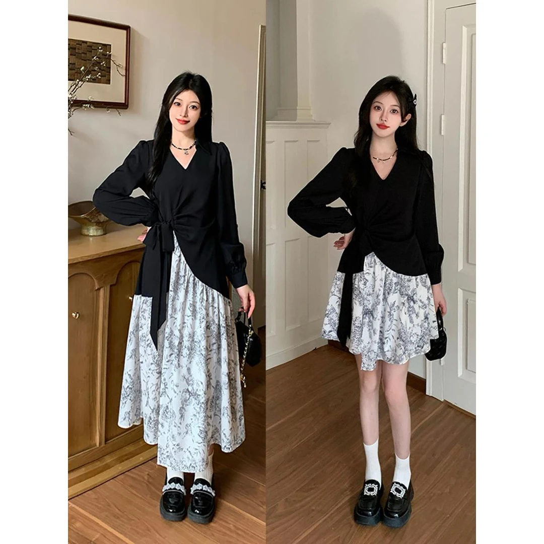 大码女装不规则拼接碎花长裙气质收腰显瘦高级感假两件连衣裙裙子