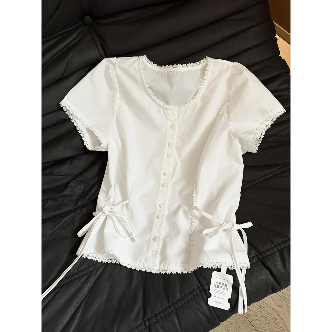 蕾丝花边短袖衬衫韩国2525夏系带收腰设计黑白双色单排扣上衣