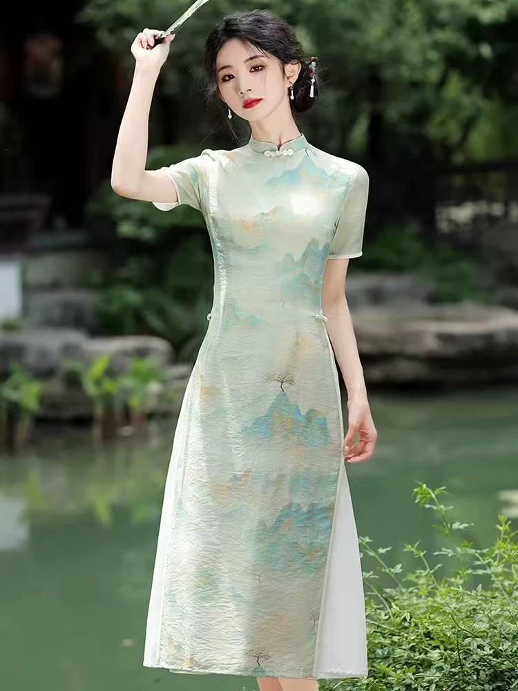 0407 渐变绿 【江山图】奥戴 旗袍