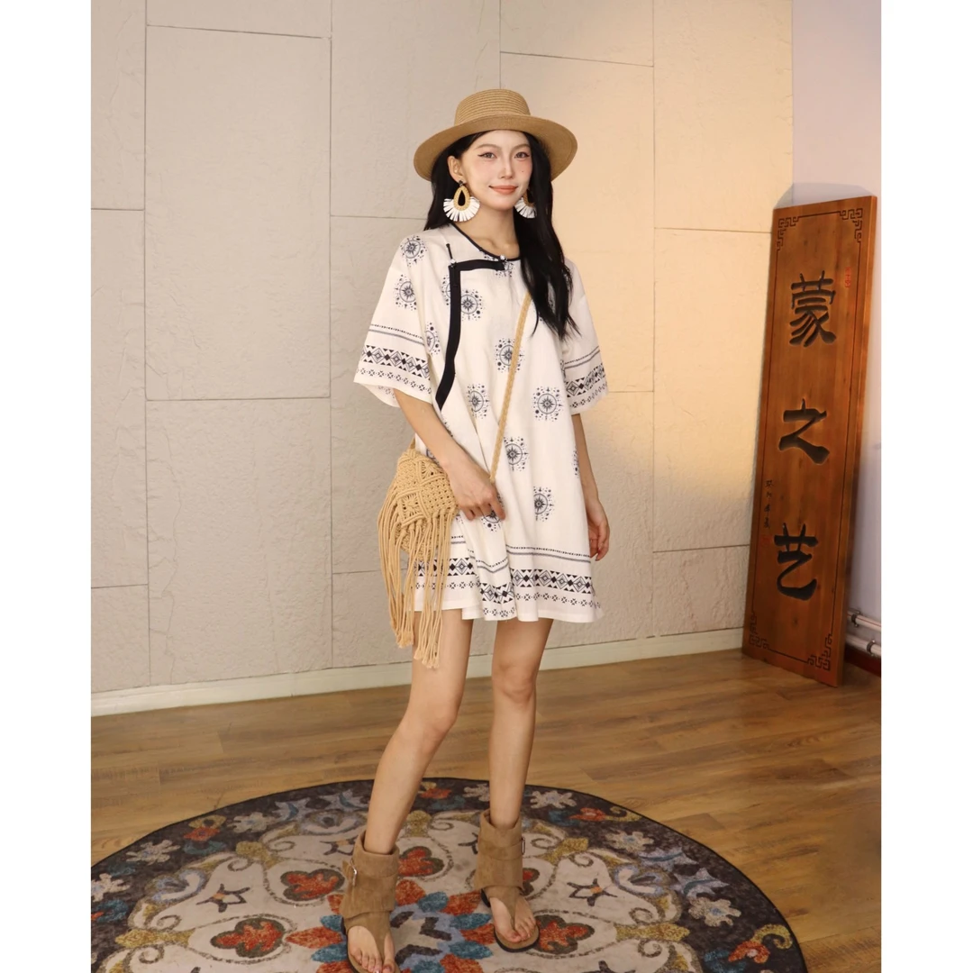 【蒙之艺】大印花棉麻宽松肥版蒙古族元素圆领大衬衫上衣中长裙