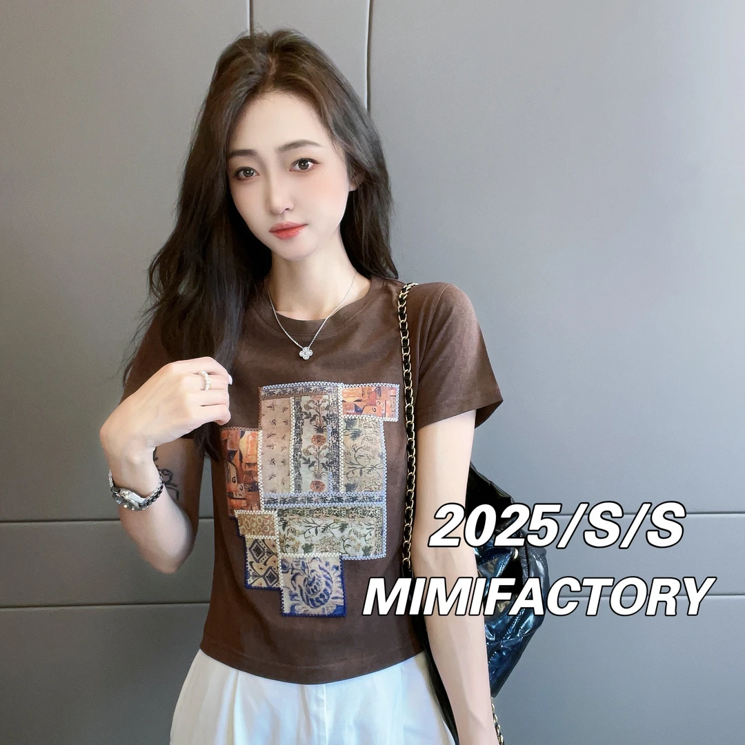 芈芈-2025夏季新款 欧货贴布绣恤女修身显瘦时尚休闲百搭4256#