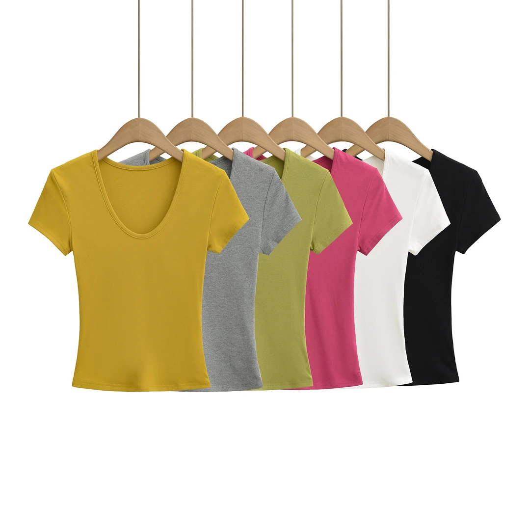 纯色拼接U领短袖纯欲冰丝露脐T恤百搭时髦小姨风