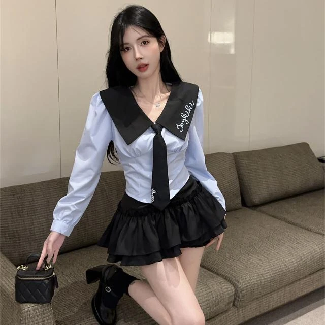学院风jk制服套装辣妹长袖领带上衣女装秋季高腰蛋糕裤裙子两件套