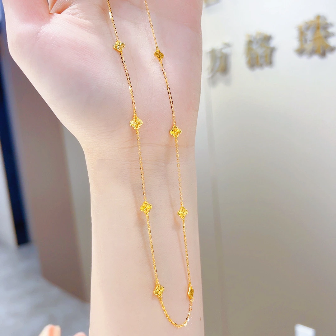精品5G足金镭射/碎冰四叶草满圈项链00879