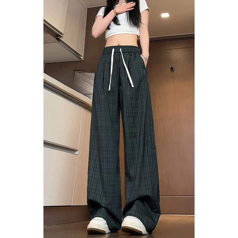 咖色冰丝格子裤cleanfit男夏季薄款慵懒风阔腿裤子美式微喇直筒裤