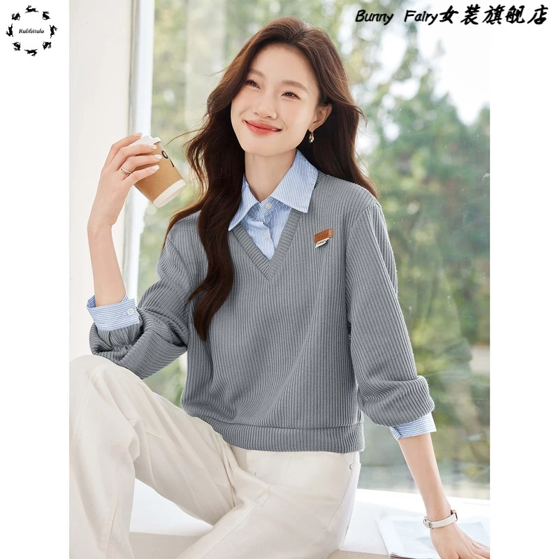 高级感翻领条纹拼接假两件针织上衣女24秋季新款休闲百搭短款卫衣