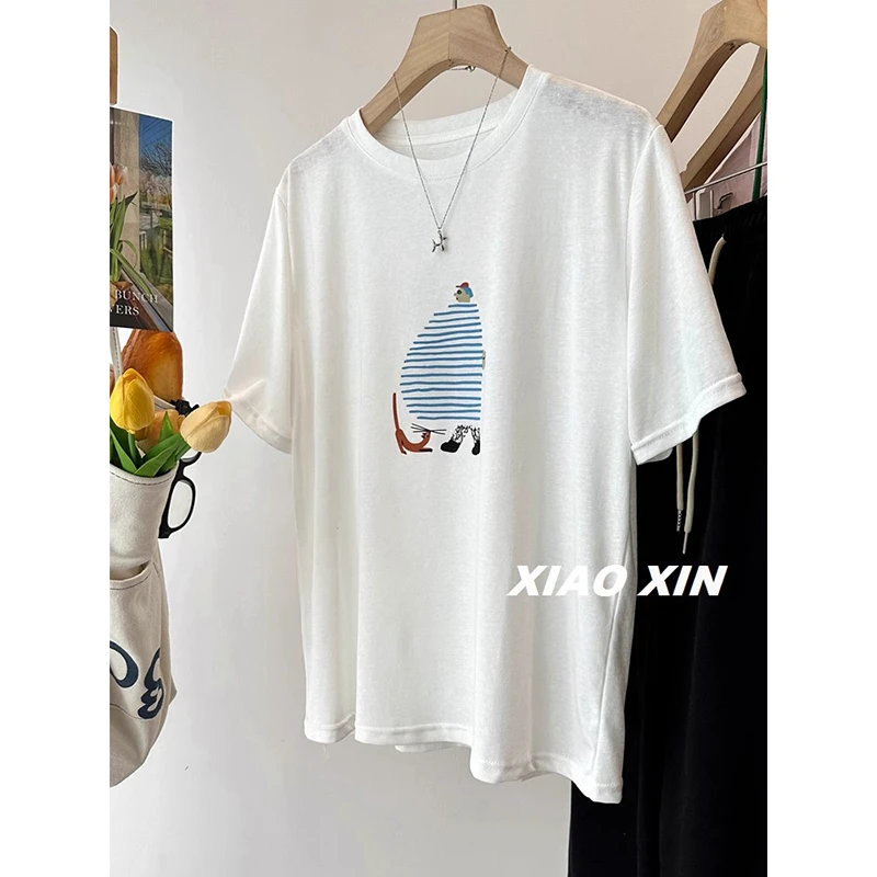 2025新款200斤大码胖mm印花雪花棉短袖T恤女夏季潮流宽松半袖