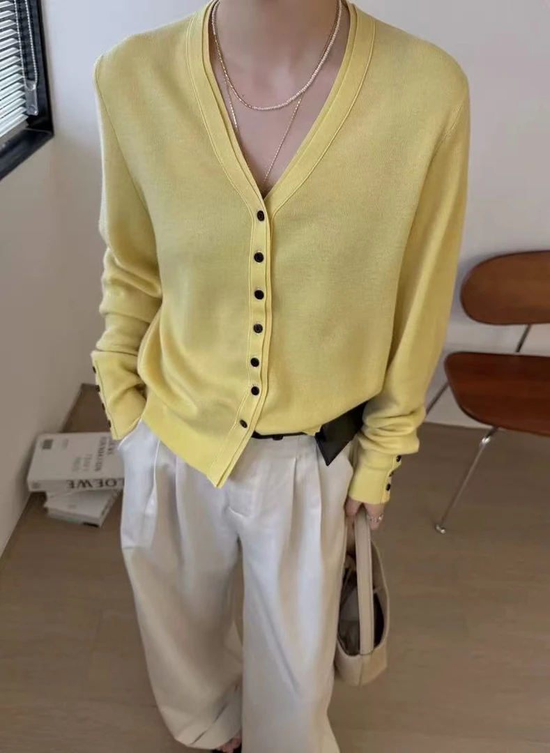 【绵羊毛】春夏季新款V领双门襟百搭纯色针织开衫上衣薄款外套女士
