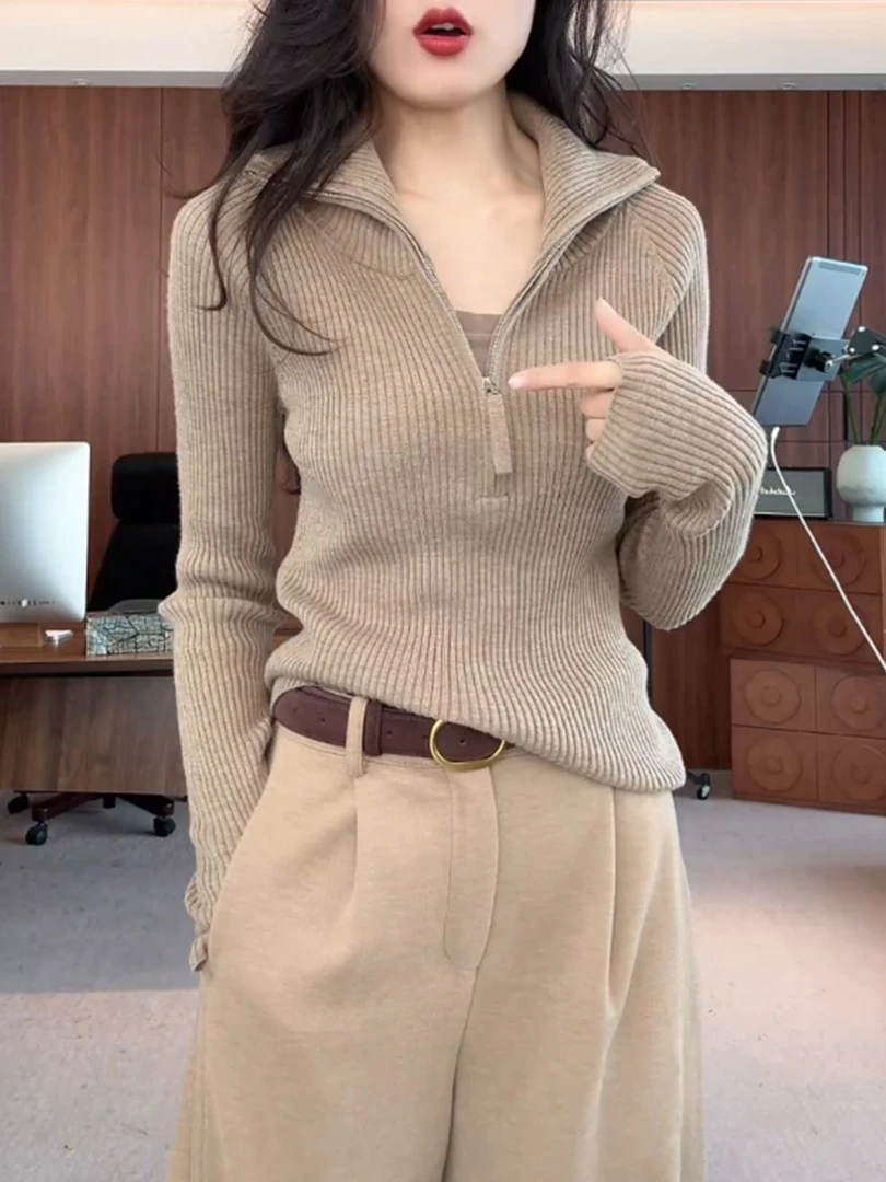 驼色半拉链长袖毛衣女秋冬季2025新款上衣修身打底衫翻领毛衣内搭