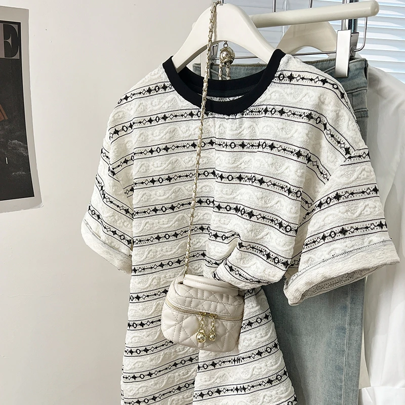 撞色条纹正肩短袖恤女新款半袖体恤宽松上衣