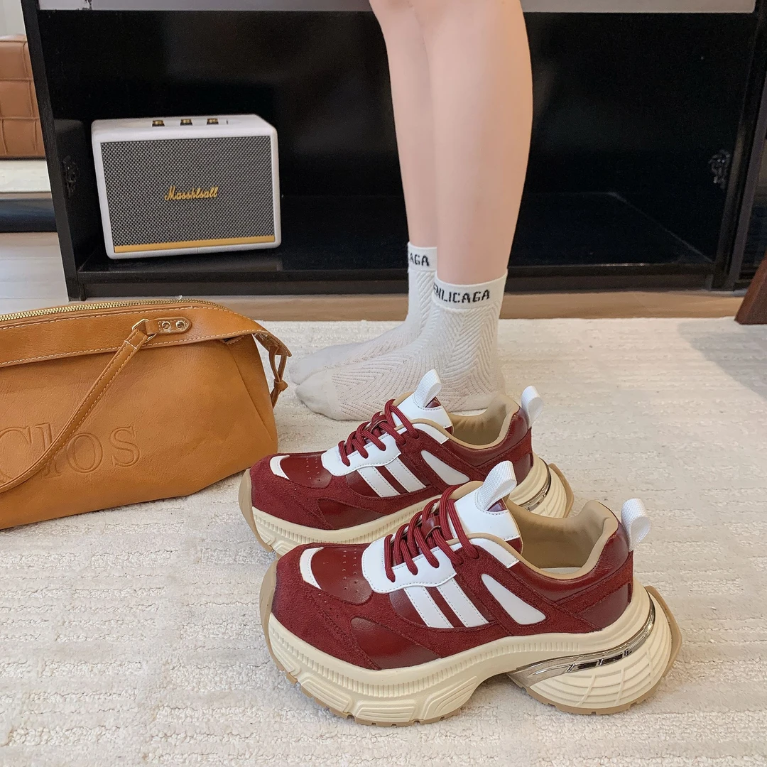 真皮厚底增高老爹鞋女款2025秋季新款拼色爆款防滑百搭运动休闲鞋