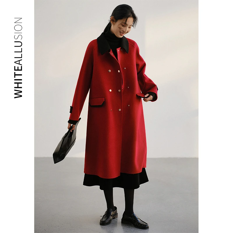 素典【新年战袍】新年红色羊毛大衣高级感翻领毛呢外套1472