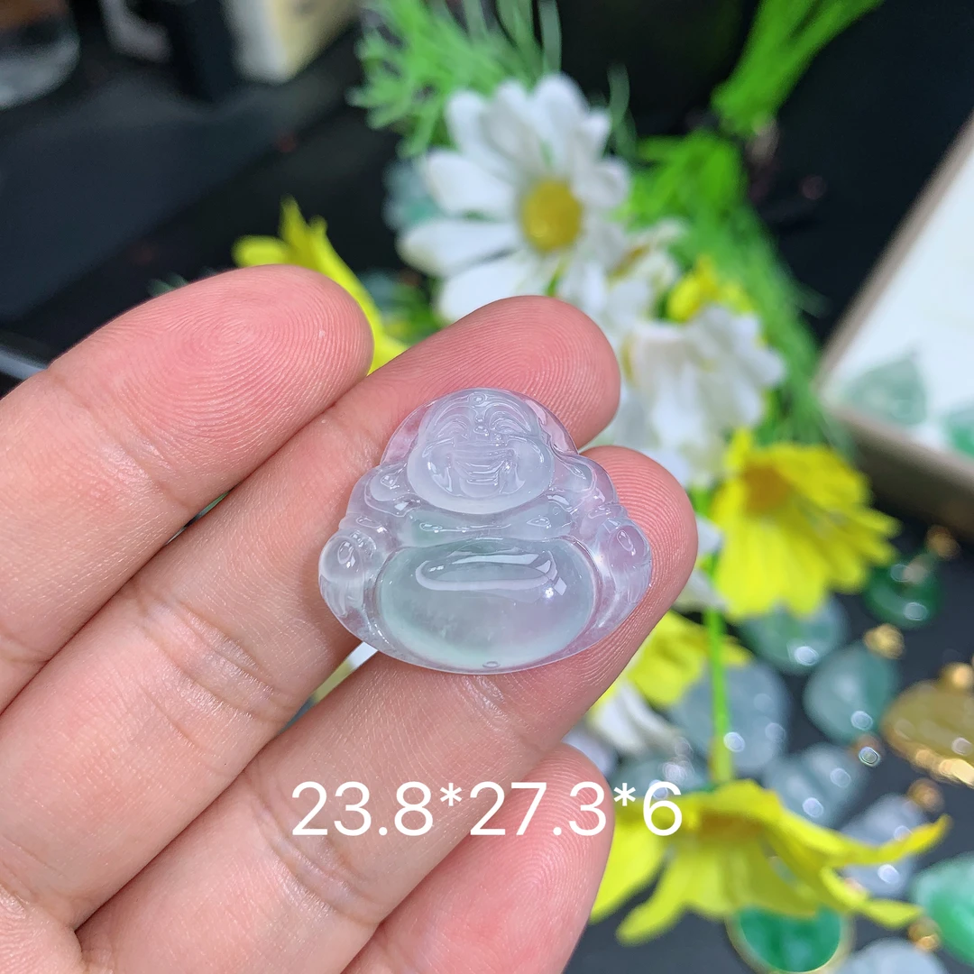 缅甸翡翠A货冰种飘花佛公夏吊坠种老水足气质百搭精雕精美