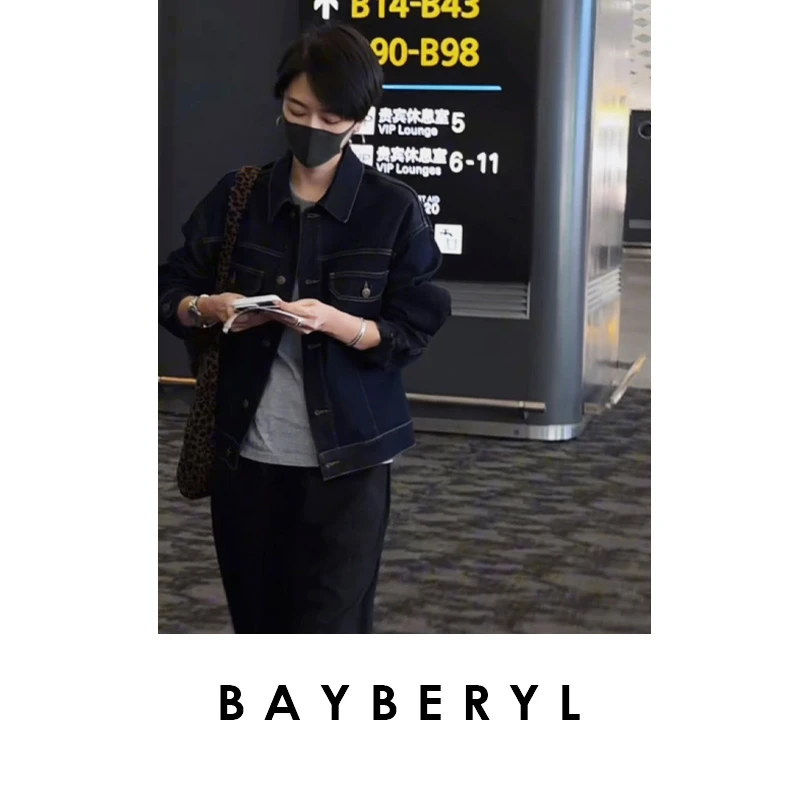 BAYBERYL老贝不褪色牛仔*弹翻领深蓝百搭秋牛仔外套MF5C1305-6/29