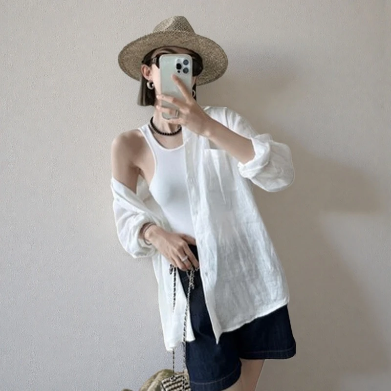 法式棉麻白色防晒衬衫女长袖宽松薄款外搭韩版衬衣高级亚麻上衣夏