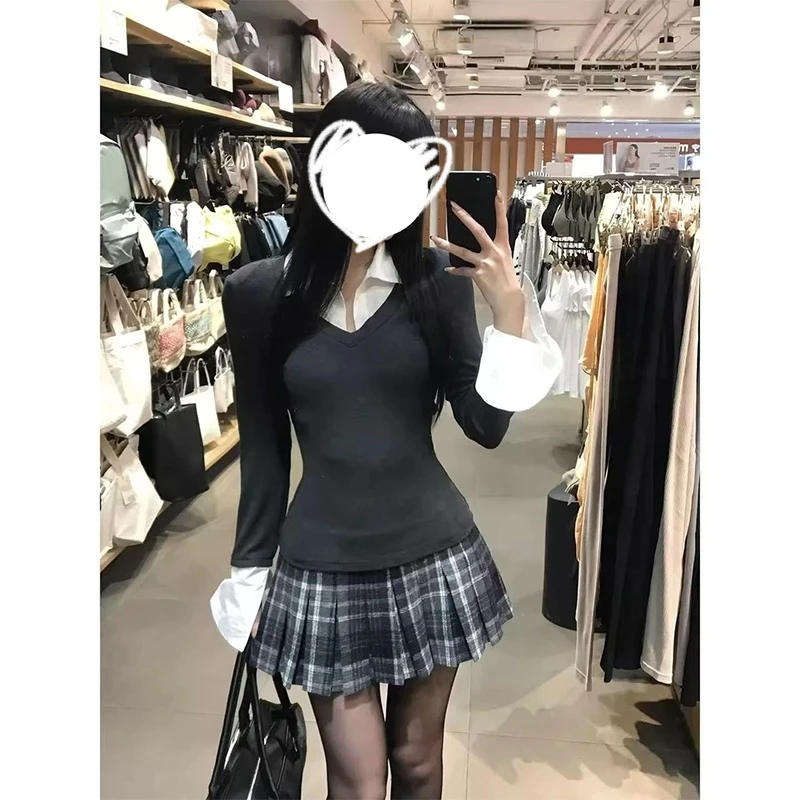 学院风撞色拼接假两件polo领长袖衬衫女秋冬修身上衣百搭打底衬衣