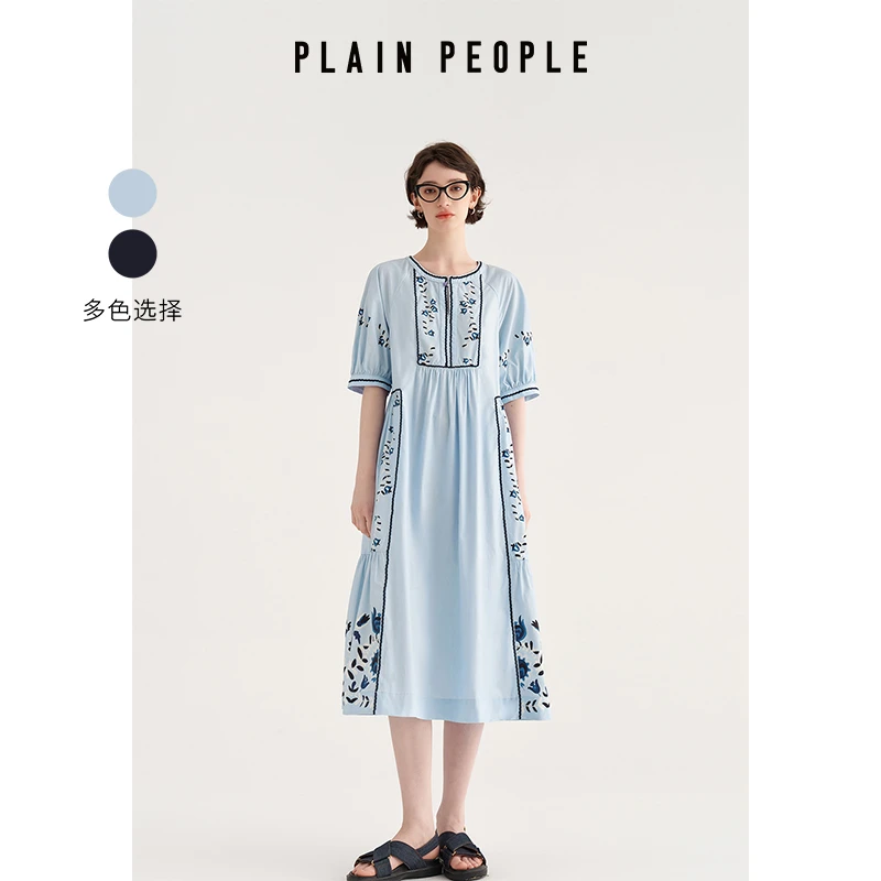 PLAIN PEOPLE波西米亚度假风花卉印花圆领连衣裙女长裙2025夏新款
