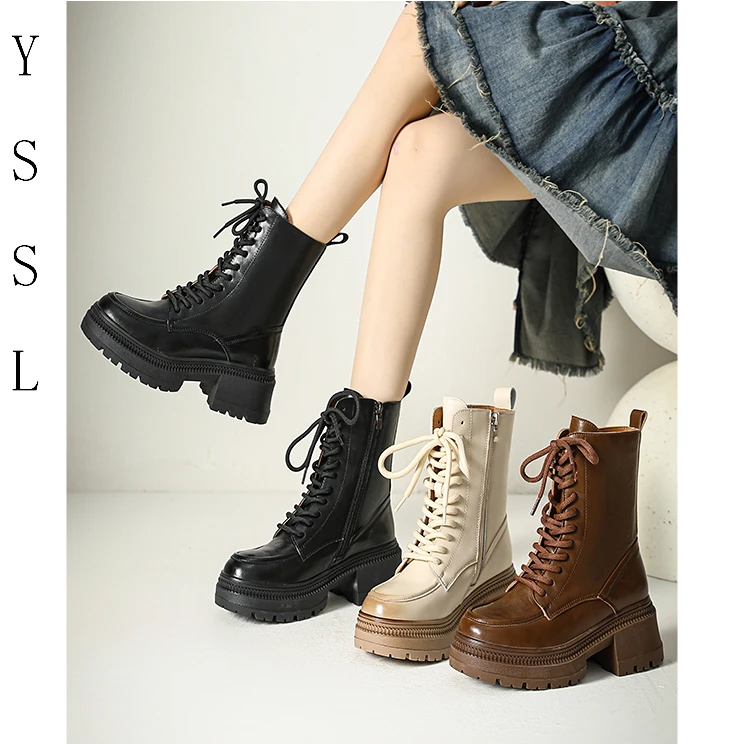 【原始森林】抗震马丁靴英伦风粗跟厚底米白色中筒裸靴秋冬加绒短靴