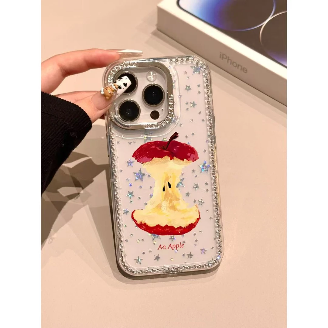 亨跃ins韩风小众亮片星星苹果核适用苹果15promax点钻边框手机壳i