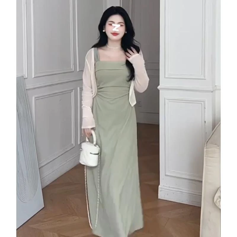 大码女装一字领吊带连衣裙开衫两件套夏季胖mm别致修身显瘦包臀裙