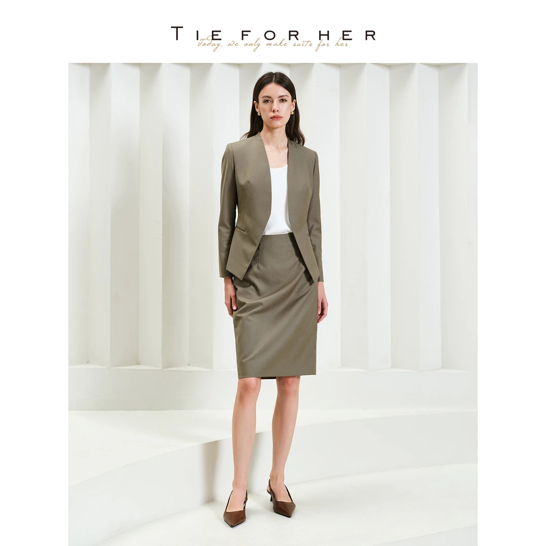 TieForHer Yale无领西装套装女 外套半裙 雾松卡其色 高智感通勤
