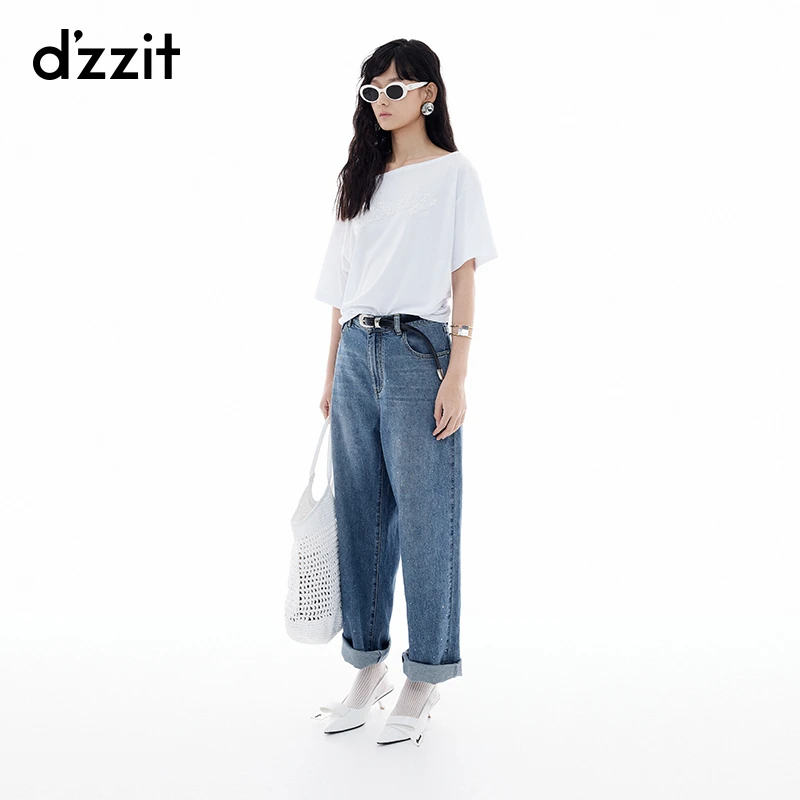 【商场同款新品】dzzit地素牛仔裤25夏烫水钻纯棉直筒裤女3J2R6021S