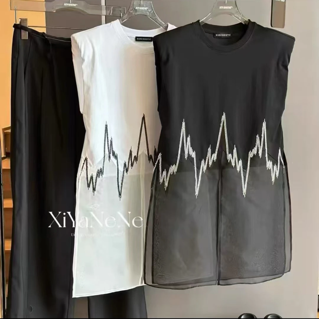 宽松型常规无袖拼接短袖T恤设计师刺绣气质女士圆领