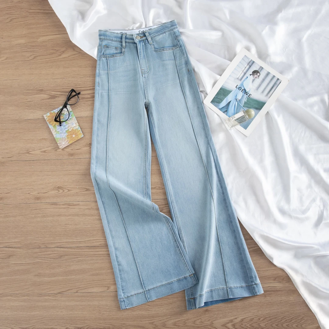 莱赛尔天丝夏季天空蓝微喇牛仔裤女不贴腿冰凉垂顺百搭9552