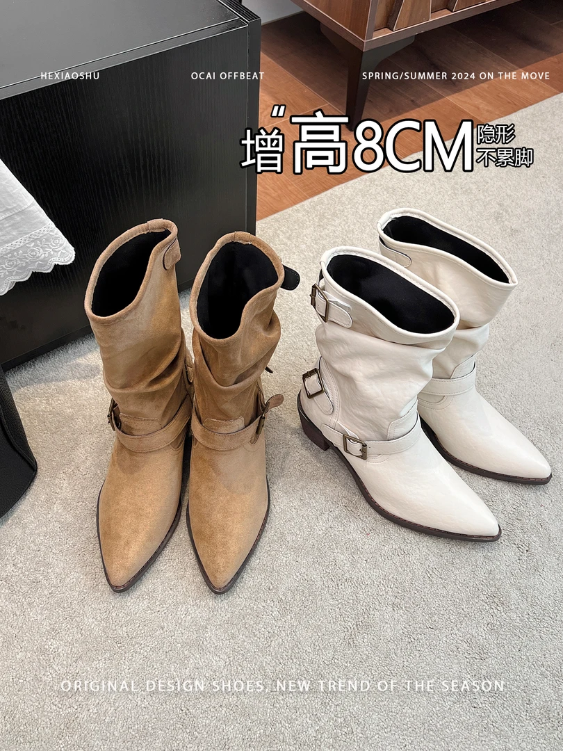 真皮复古尖头粗跟内增高中筒靴靴女英伦风皮带扣马丁靴气质堆堆靴