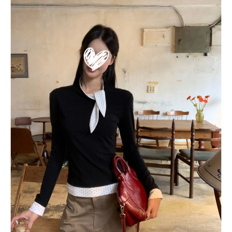 2025秋季新款高级设计感波点长袖T恤修身显瘦纯欲百搭女上衣