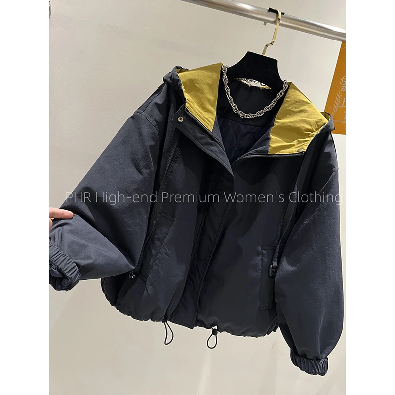 高端欧货2025冬季新款连帽撞色抽绳夹棉轻薄棉服棉衣女夹克短外套
