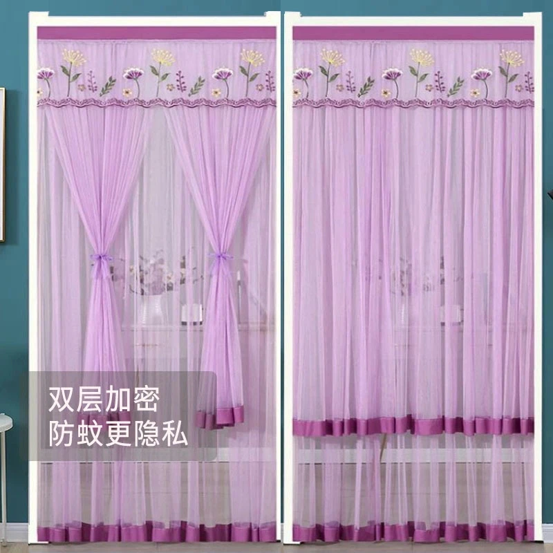 夏季防蚊单双纱门帘蕾丝刺绣免打孔魔术贴隔断帘卧室门帘新品纱帘