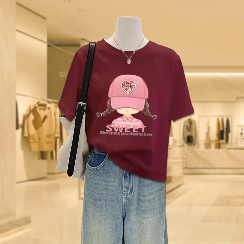 欧货2025新款正肩安克拉红短袖t恤女时尚百搭上衣打底衫夏季ins潮