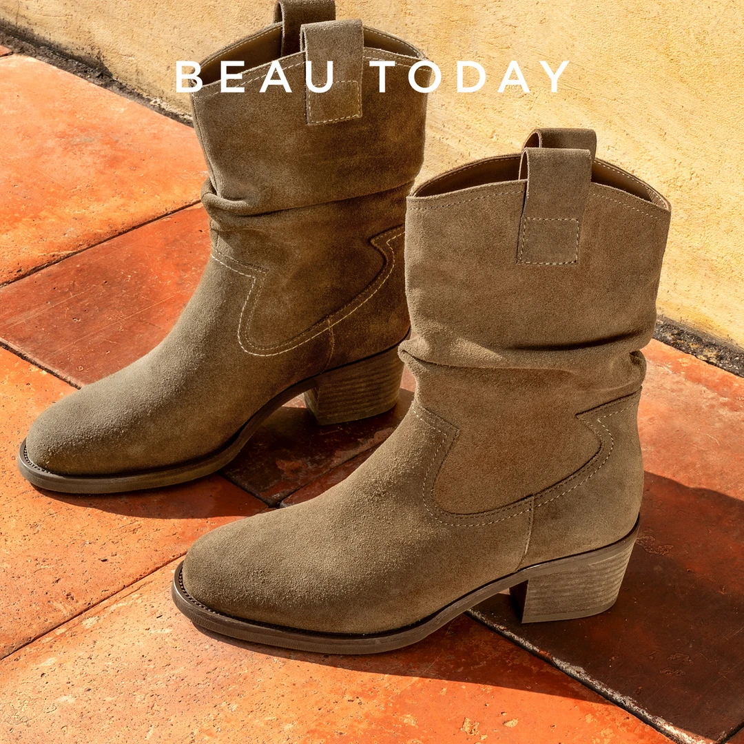 BeauToday美拉德靴子堆堆靴女新款秋冬复古西部靴高跟靴子女